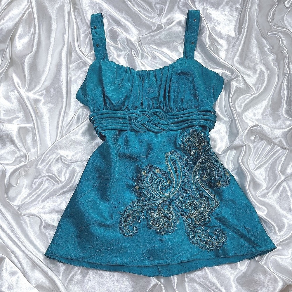 y2k Babydoll Top Teal Paisley Embroidered Braided Empire Waist Studded